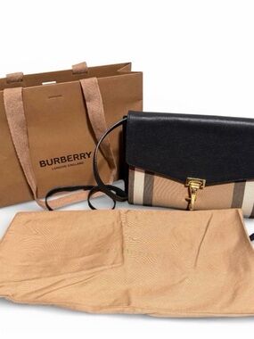 Burberry Macken Black & Tan Signature Check Messenger Bag with Gold Hardware